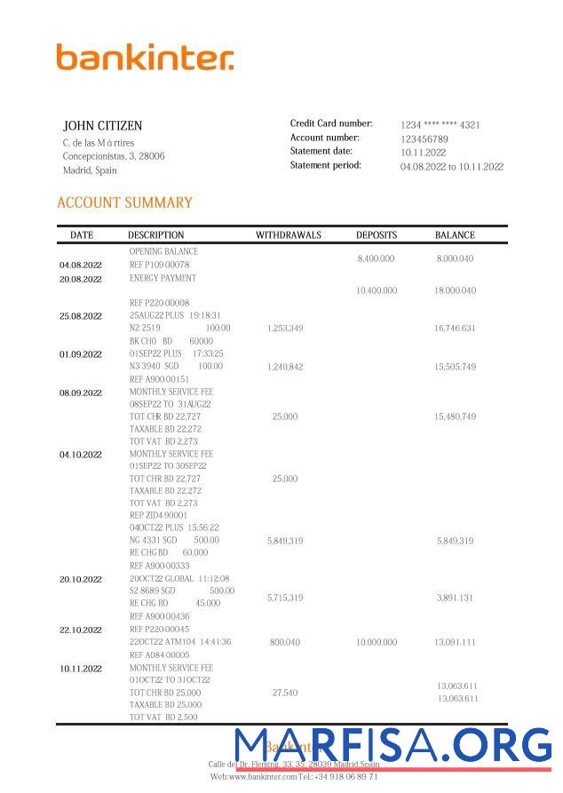 Printable Spain Bankinter bank statement word download for verification